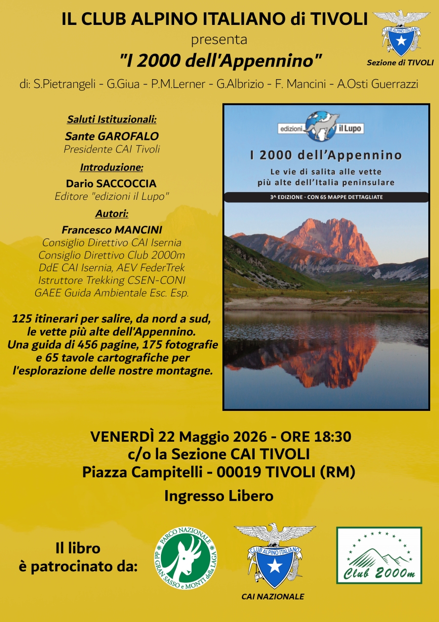 NEWS N.153 Relatore nella sede del CAI di TIVOLI per la presentazione de I 2000 dell'APPENNINO